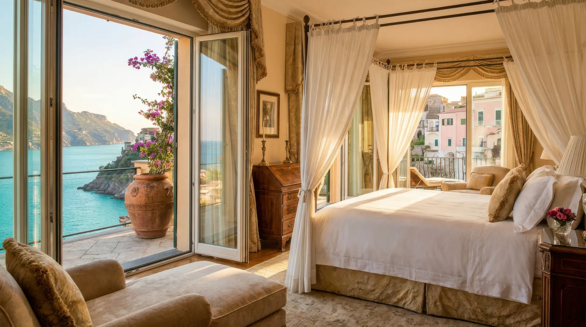 Sunlit suite with a canopy bed opening onto a terrace above the Amalfi Coast