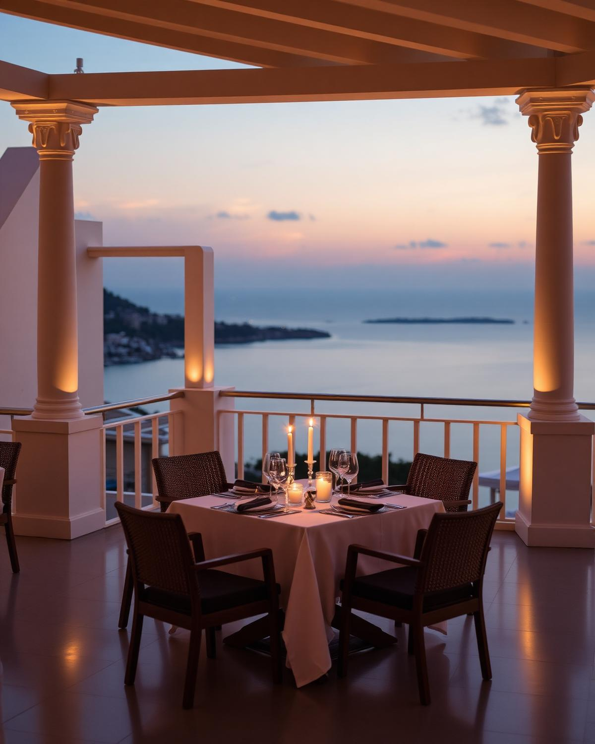 Candlelit table on a colonnaded terrace overlooking the sea at dusk