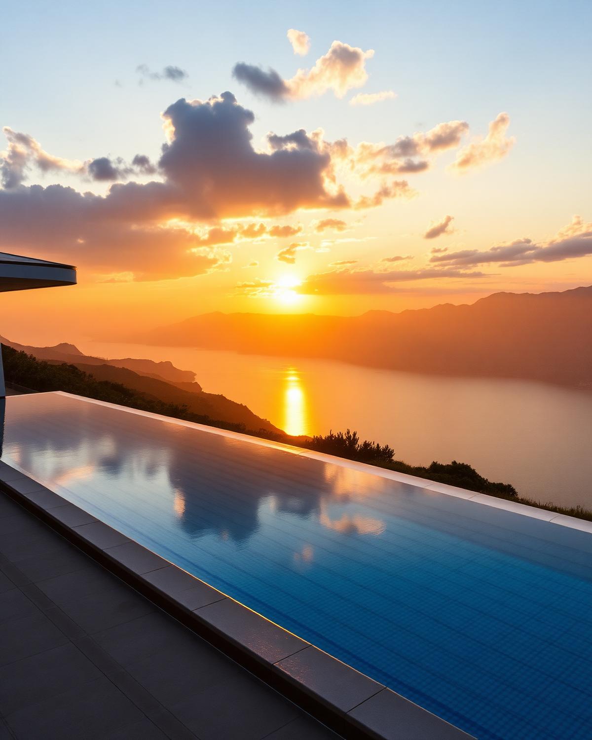 Infinity pool overlooking mountains at golden hour